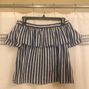 Everly Striped Ruffle Off the Shoulder Crop